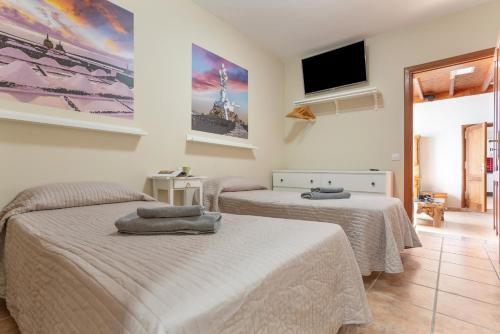 two beds in a room with a tv on the wall at Finca Juan Martin in Uga