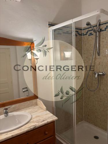 une salle de bain avec douche et lavabo dans l'établissement Maison provençale avec piscine, à Solliès-Toucas