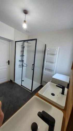 une salle de bain avec une baignoire, un lavabo et un miroir dans l'établissement Gîte familial proche d'Amboise, à Souvigny-de-Touraine