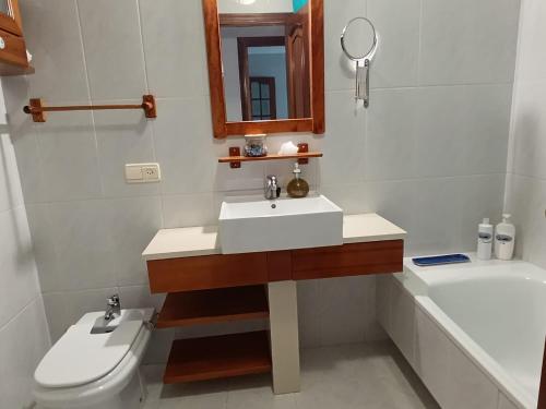 a bathroom with a sink and a toilet and a mirror at Marusia in Viveiro