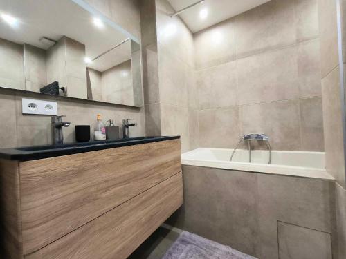 une salle de bain avec un lavabo, une baignoire et un miroir dans l'établissement Appartement spacieux, parking, climatisation, rétroprojecteur, à Avignon