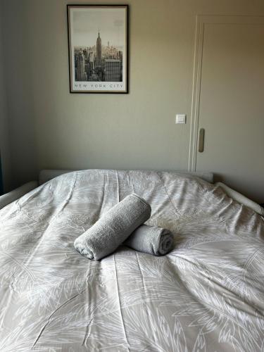a white bed with two pillows on top of it at L'Erable T2 climatisé in Trébas