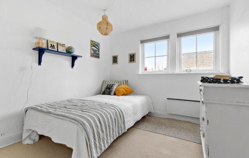 a white bedroom with a bed and two windows at Lovely Home In Vejby With Sauna in Vejby