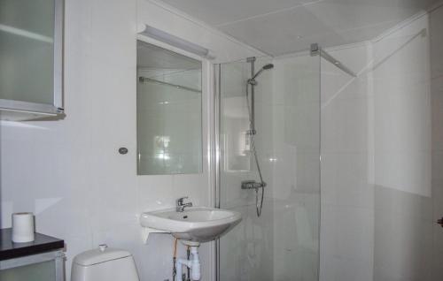 a white bathroom with a sink and a shower at 2 Bedroom Awesome Apartment In Ystad in Ystad