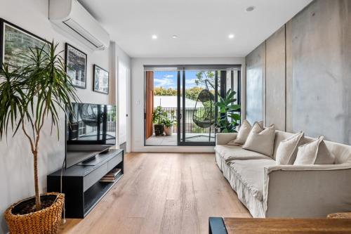 a living room with a couch and a plant at Tranquil 2 Bd Apt with AC, WIFI, & 10min from CBD in Auckland