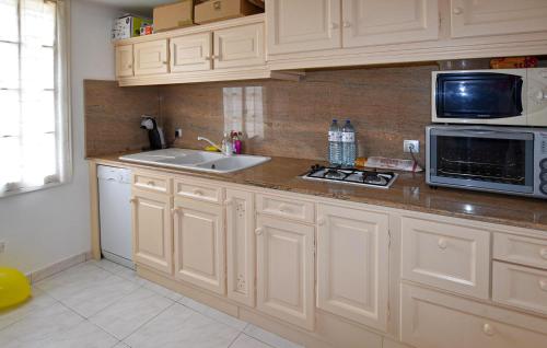 une cuisine avec des armoires blanches, un évier et un micro-ondes dans l'établissement Cozy Home In Aubignan, à Aubignan