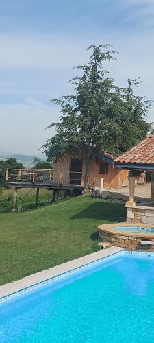 une piscine en face d'une maison avec un arbre dans l'établissement Cabane Wood & Spa, à Chasselay
