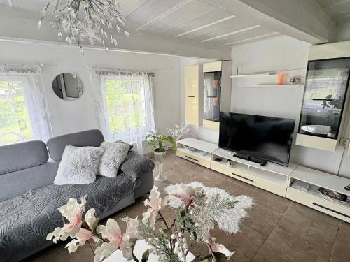 a living room with a couch and a flat screen tv at Domeček Drahuška in Janov