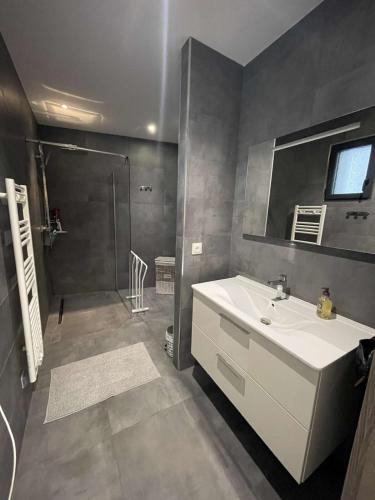 une salle de bain avec un lavabo blanc et une douche dans l'établissement Apartment in Porto-Vecchio with pool, à Porto-Vecchio