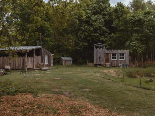 a yard with two wooden buildings and trees at Moat Island Glamping in Norwich