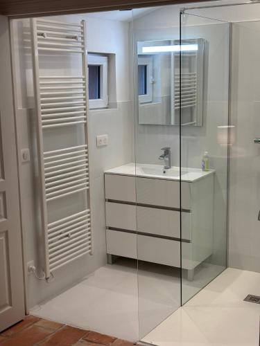 une salle de bain avec un lavabo et une douche en verre dans l'établissement Très belle villa vue mer - Piscine à débordement, à La Croix-Valmer