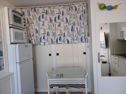une cuisine avec un réfrigérateur, une table et une fenêtre dans l'établissement Le nid des hirondelles, à Leucate-Plage