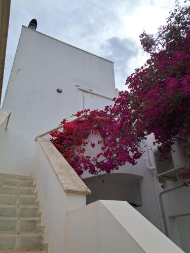 a staircase with pink flowers on a white building at B&B Manzoni in Neviano
