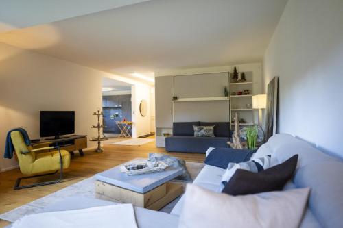 a living room with a couch and a tv at Chasa Valambrun 1001 in Vulpera