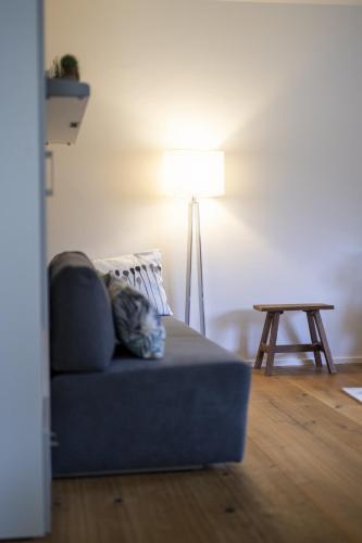a cat laying on a blue couch in a living room at Chasa Valambrun 1001 in Vulpera