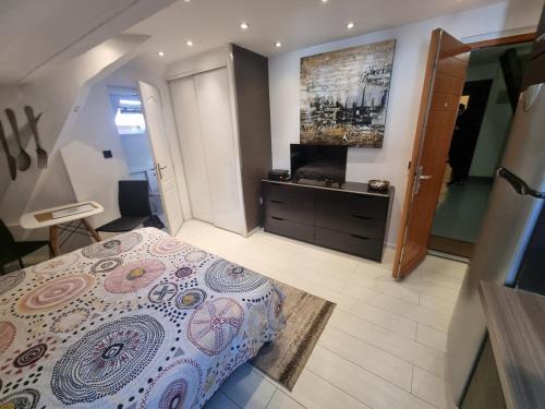 une chambre avec un lit et une télévision dans l'établissement Nice Studio near city center & Lake, à Annecy