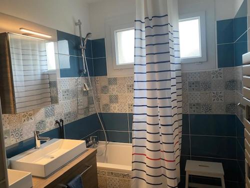 a bathroom with a sink and a shower curtain at La petite maison du FA in Hillion