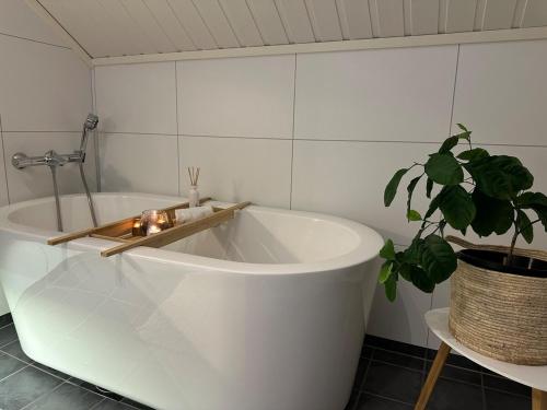a white bath tub in a bathroom with a potted plant at Cozy townhouse at the sea! in Salhus