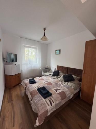 a bedroom with a large bed and a window at Pensjonat E&M in Mikołajki