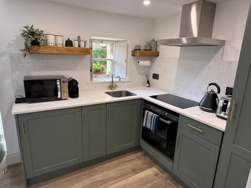 a kitchen with green cabinets and a sink and a microwave at Holly Cottage Cozy Loft in Aghade Bridge