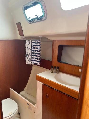 a small bathroom with a toilet and a sink at DeepBlue sail boat in Lisbon