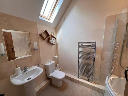 a bathroom with a toilet and a sink and a shower at Barn Cottage in Binton