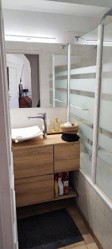 une salle de bain avec un lavabo et un miroir dans l'établissement L'escapade Royale, à Moret-sur-Loing