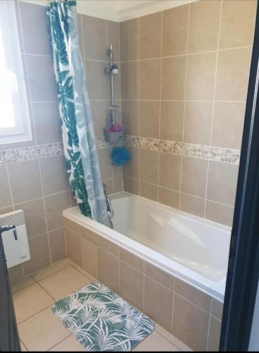 La salle de bains est pourvue d'une baignoire et d'un rideau de douche. dans l'établissement Maison en campagne, à Monteux