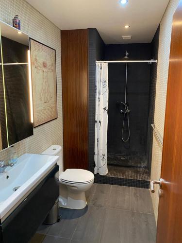 a bathroom with a shower and a toilet and a sink at Apartamento Memória in Angra do Heroísmo