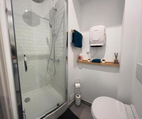 une salle de bain blanche avec douche et toilettes dans l'établissement Le Saint André Hyper centre ville, à Saint-Quentin