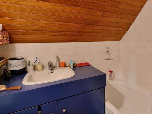 ein Badezimmer mit Waschbecken und Badewanne in der Unterkunft Maison de pêcheur charmante pour 4 pers, 500m plage des Govelins, Saint Gildas de Rhuys - FR-1-775-24 in Saint-Gildas-de-Rhuys