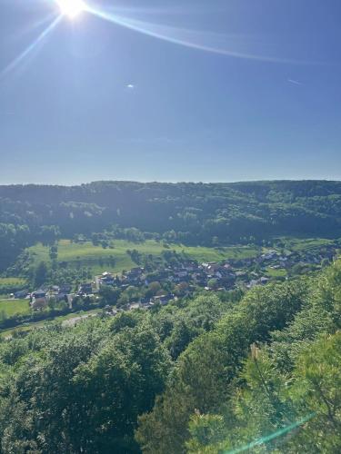 an aerial view of a village in the hills at Natur & Ruhe in Prümzurlay in Prümzurlay