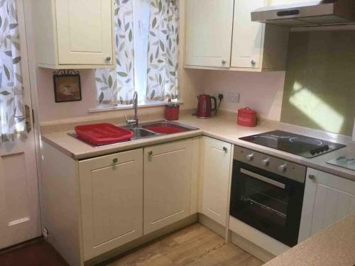 a kitchen with white cabinets and a sink and a window at No 3 Mill Cote Cottage in Kingsbridge