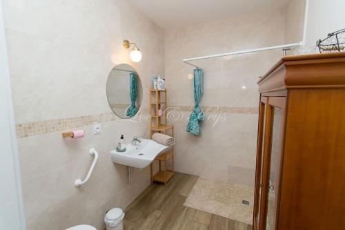 une salle de bain avec un lavabo et un miroir dans l'établissement Appartement de vacances avec terrasse et petit jardin, à Parentis-en-Born