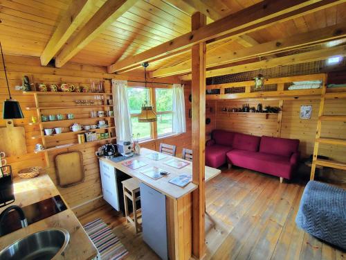 a kitchen and living room of a log cabin at Lawendowy Domek agroturystyka, noclegi - okolice Bałtowa in Bałtów