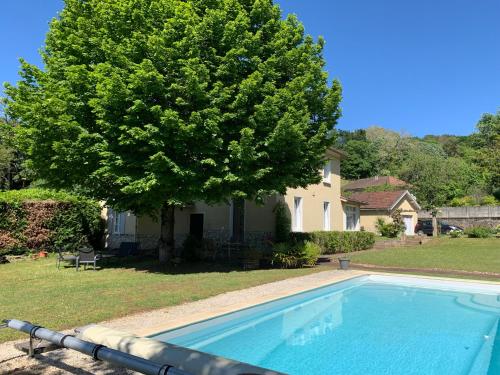 - une piscine avec un arbre à côté d'une maison dans l'établissement LA GABINIERE, à Sarlat-la-Canéda