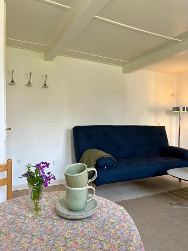a living room with a blue couch and a table at Noorbohandelens Bed & Breakfast in Stege