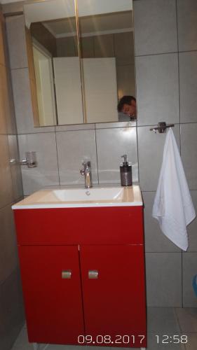 a bathroom with a red sink and a mirror at Kouros City Center in Kavala