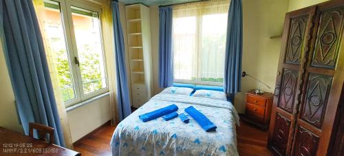 a bedroom with a bed with blue pillows on it at B&B Dolce vista al lago Lugano in Porto Ceresio