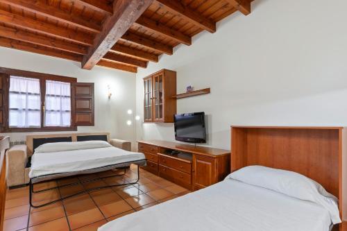 a bedroom with two beds and a television in it at Apartamentos El Rincón de Bustio in Bustio
