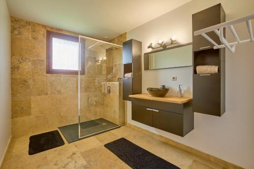 une salle de bain avec douche et lavabo dans l'établissement La Maison des Pins - climatisée avec piscine, à Casteljaloux