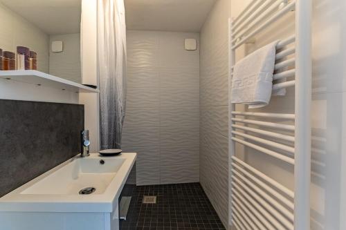 une salle de bain blanche avec un lavabo et une douche dans l'établissement Le Nid - Duplex, à Dijon