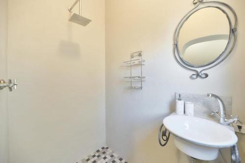 a bathroom with a sink and a mirror at Land's Edge Eco Friendly Cottages and Apartments in Struisbaai