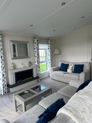 un salon avec deux canapés et une cheminée dans l'établissement Oakmont 4 - Lodge with Hot Tub, à Allerthorpe