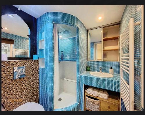 La salle de bains est pourvue de carrelage bleu, d'une douche et d'un lavabo. dans l'établissement Studio Agosta Plage, à Albitreccia