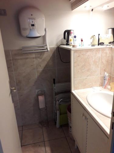 une salle de bain avec un lavabo et une douche dans l'établissement T1BIS à 7 minutes à pied de la plage et du centre, à Villers-sur-Mer