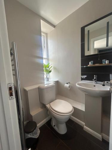 a white bathroom with a toilet and a sink at Cookson Room in Haydon Bridge