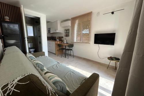 un salon avec un canapé et une télévision dans l'établissement Le Maguelone- Studio with beach access air conditioning and exterior !, à Palavas-les-Flots