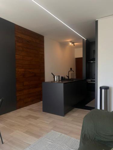 a room with a kitchen with a counter top and a room with a kitchen at AMoR in Salò