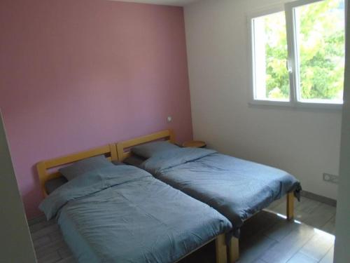 two twin beds in a room with a window at maison 4 chambres in Baume-les-Dames